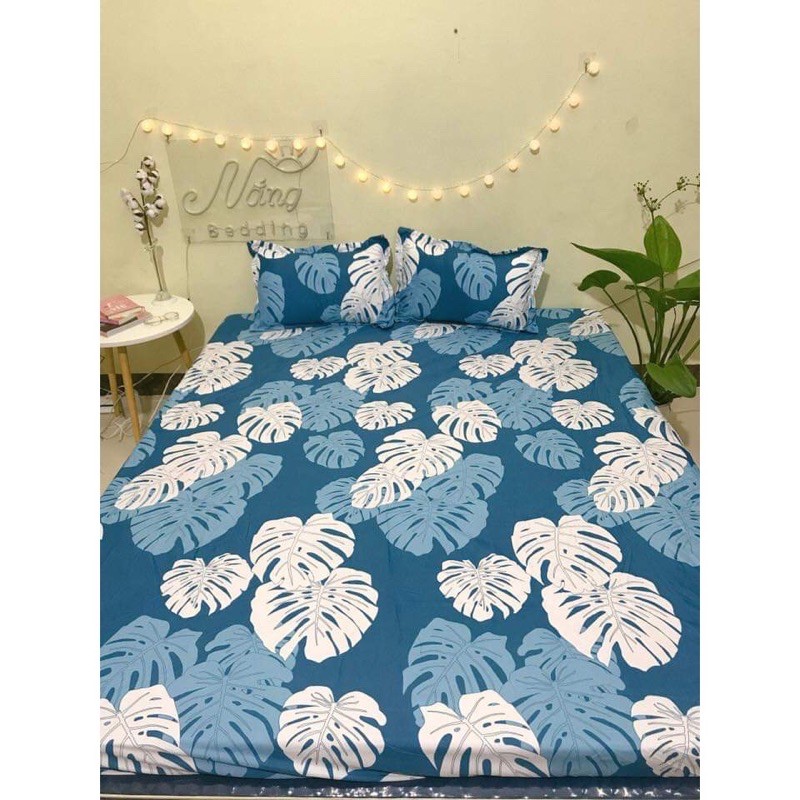 [Khuyến Mại-Chào hè]   Ga trải giường kèm chăn hè và vỏ gối ôm chất liệu poly siêu mát họa tiết lá xanh