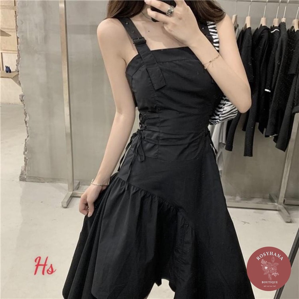 Váy đen 2 dây ROSYHANA, đầm đen hai dây vạt Ô Zuê lệch tà vải đũi cao cấp
