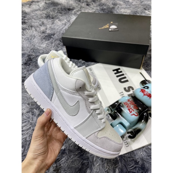 Giầy Thể Thao Air Jordan Paris Low Xám Xanh Trắng Bản BEST |Logo Mông Dập Nổi| Đế Khâu