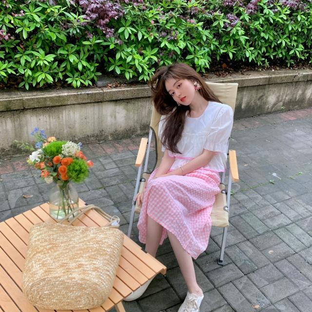 Set Áo Sơ Mi Nhiều Lớp Đính Nơ + Chân Váy Caro Hồng Thời Trang Nữ Tính