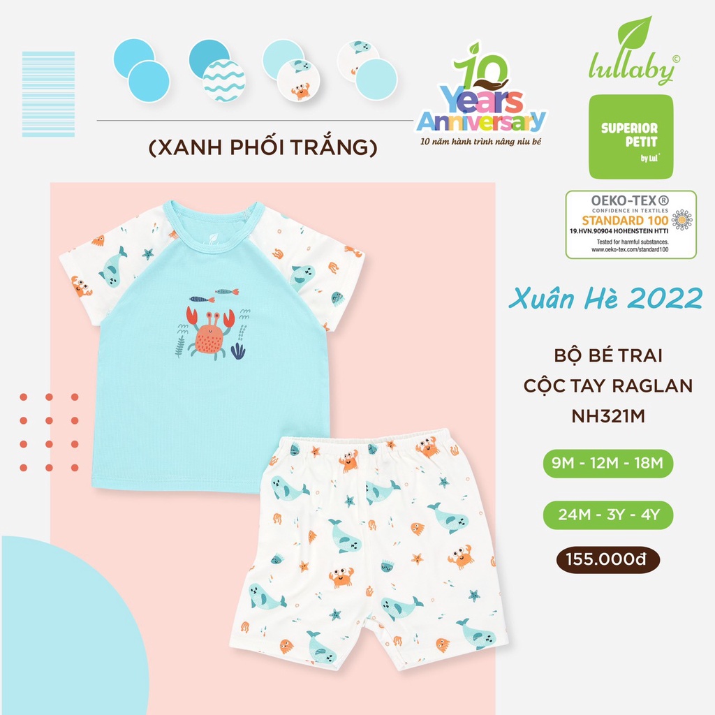 Bộ Lullaby Petit cao cấp thoáng mát thấm hút tốt cộc tay Raglan cho bé trai bé gái NH624P NH621P NH313M NH310M NH321M