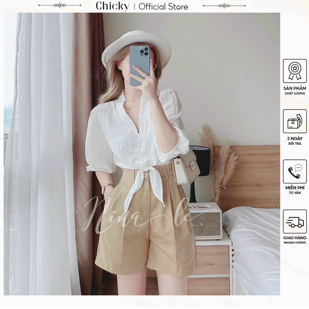 set áo quần kiểu áo cổ chữ V cột eo phối cùng với quần đùi