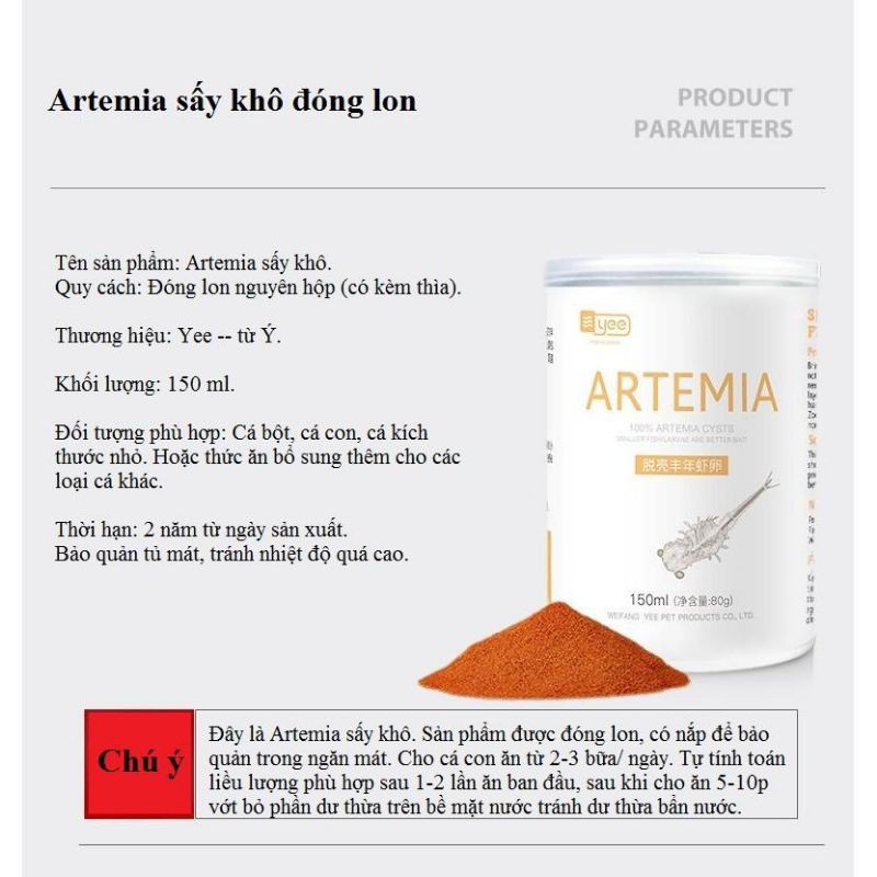 Artemia Tách Vỏ Sấy Khô lon 150ml (80g), Tặng Kèm Ống Artrmia Nhỏ Giọt