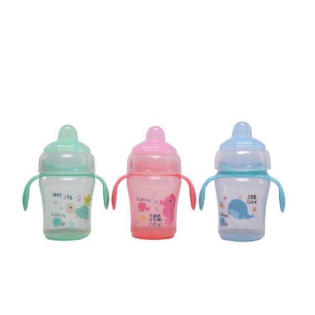 Bình tập uống đầu mềm có tay cầm Babuu Baby 240ml (họa tiết cá biển đại dương) Nhật Bản