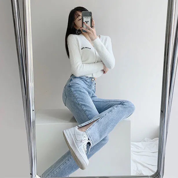 Quần Jeans nữ Ulzzang dáng suông ống loe xẻ phong cách Hàn quốc( Meisy)