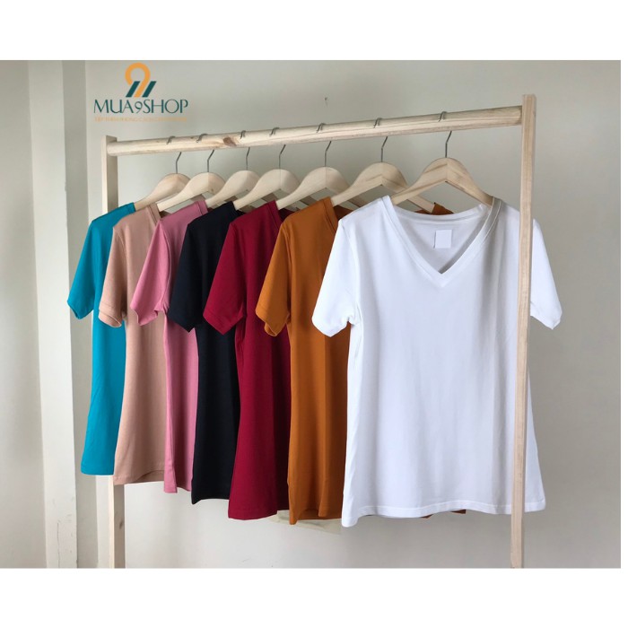 Áo phông cổ tim áo thun nữ trơn mua9shop co giãn cotton 100%