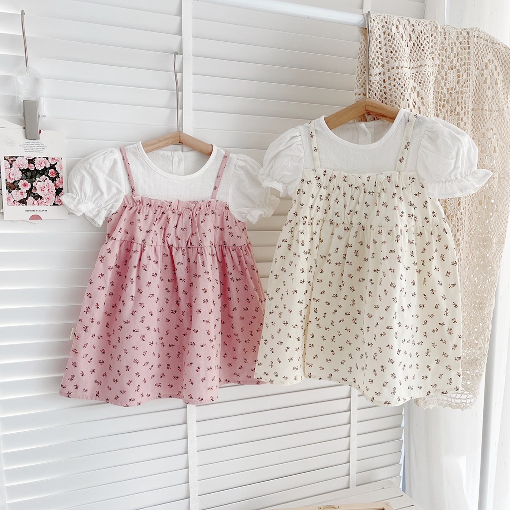 Váy hè cộc tay trắng- phối giả yếm váy hoa nhí cho be gái 8-21kg ( 6 tháng- 6 tuổi)