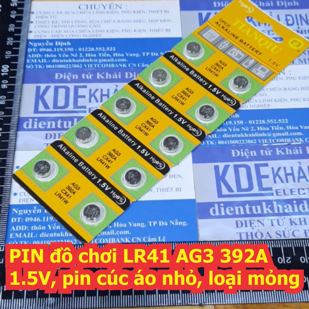 10 viên PIN đồ chơi LR41 AG3 392A 1.5V, pin cúc áo nhỏ, loại mỏng, vỉ xanh lá, vàng kde6504