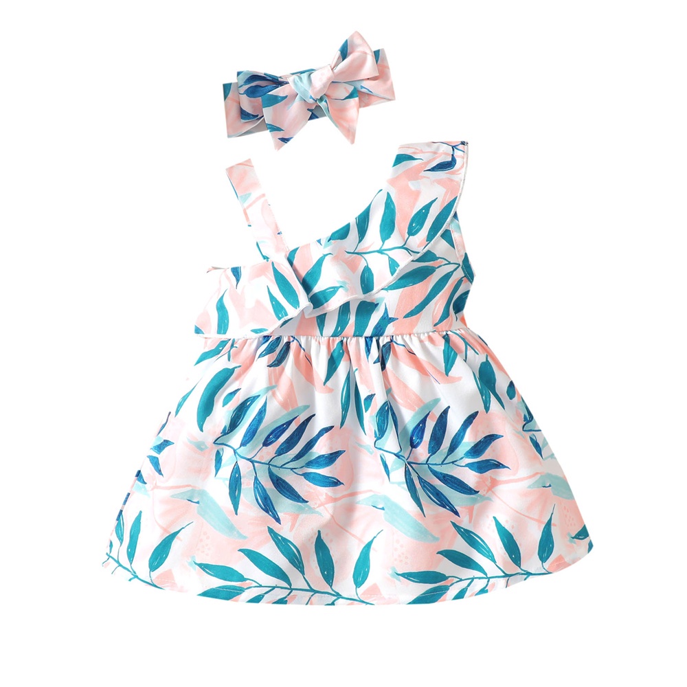 Đầm MIKRDOO chữ A in họa tiết lá kèm băng đô xinh xắn cho bé gái 0 - 24 tháng tuổi