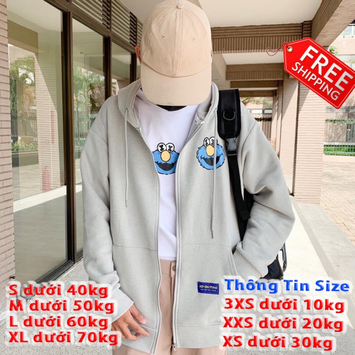 Áo khoác nam nữ form rộng hoodie nam nữ form rộng có dây kéo in thú xanh