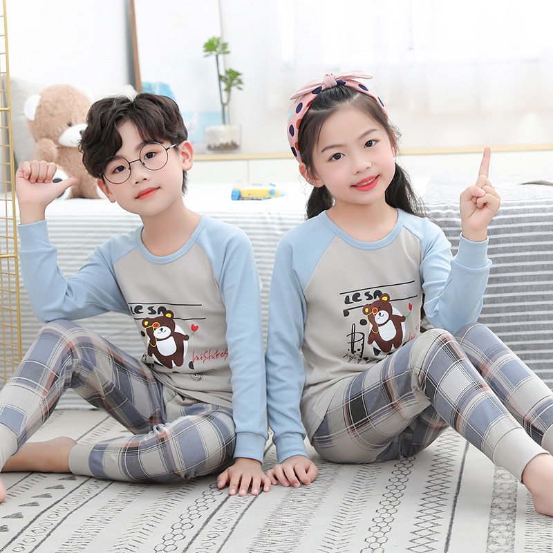 Bộ đồ ngủ tay dài chất liệu cotton phong cách Hàn Quốc thời trang mùa thu dành cho bé 3-14 tuổi