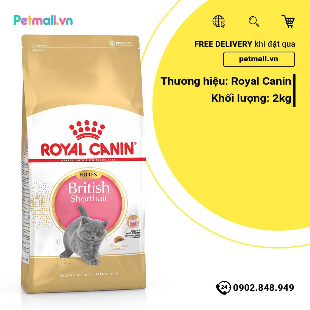 [Mã 229FMCGSALE giảm 8% đơn 500K] Thức ăn mèo Royal Canin British Shorthair Kitten 2kg - mèo Anh lông ngắn