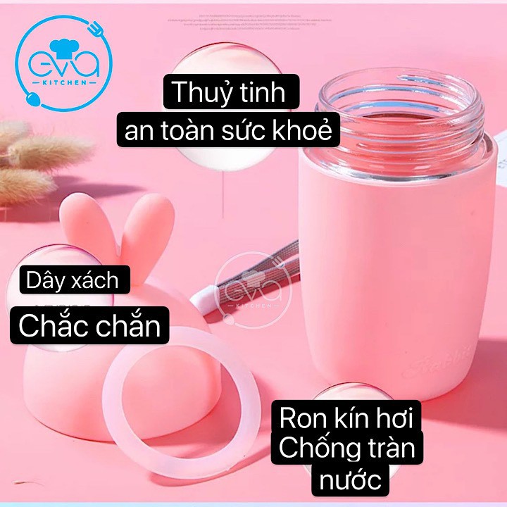 Bình Nước Thủy Tinh Bọc Silicone Hình Cà Rốt Và Tai Thỏ Cute Kèm Dây Xách 400ml