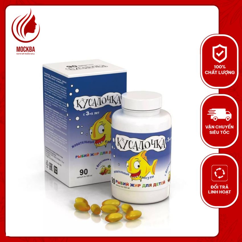 Viên dầu cá tuyết Kusalochka vị trái cây cho trẻ em, của Nga, hộp 90 viên