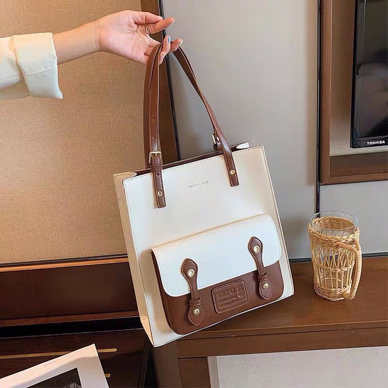 Túi tote da đeo vai có ngăn túi nhỏ trước style ullzang Hàn Quốc P107