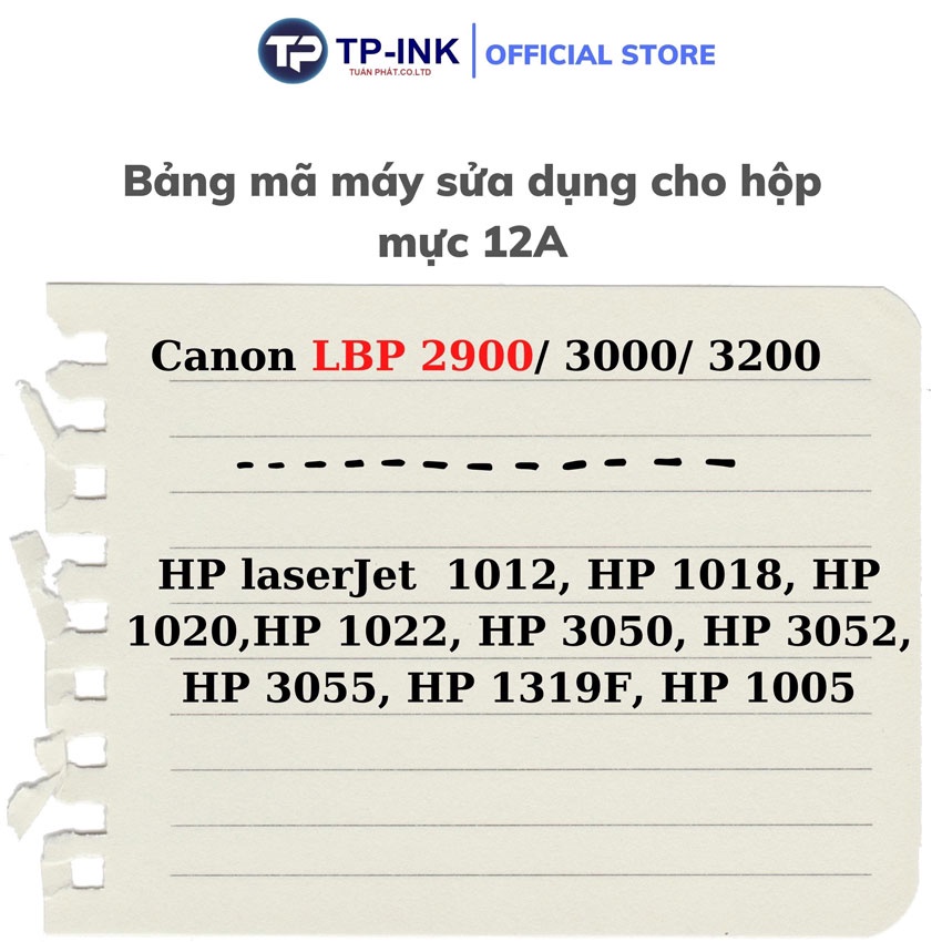 Hộp mực 12a  thương hiệu TP-ink  hộp mực  dùng cho máy in 2900,3000, 1010, 1015, 1012, 3015, 3020, 3030, 1020