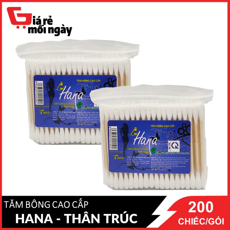 COMBO 2 Gói Tăm bông Hana (Xanh Đậm) gói Poly - 100c (lõi gỗ)