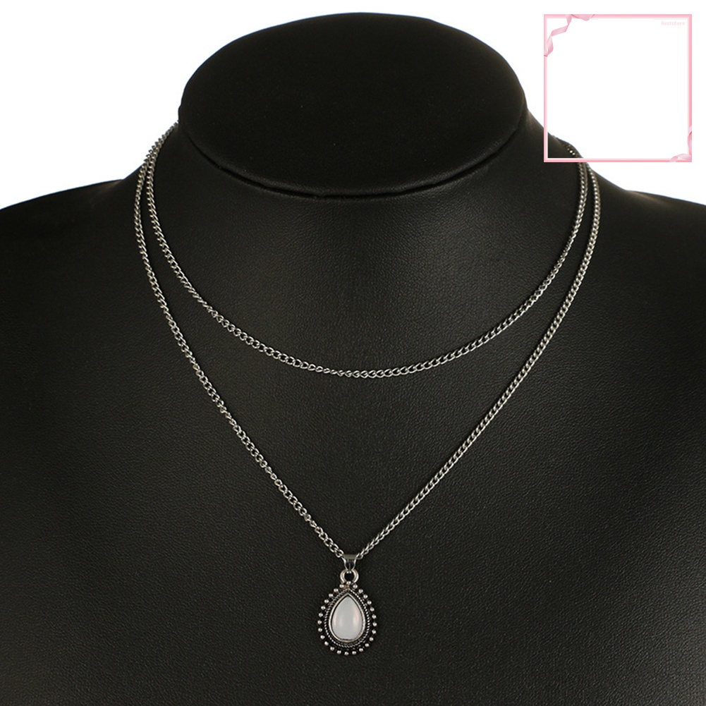 Vòng cổ Choker Hai Lớp Mặt Đá Opal Hình Giọt Nước Cổ Điển Cho Nữ