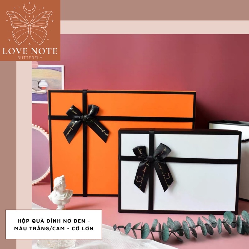 Hộp quà màu trắng/cam đính nơ đen cỡ LỚN - tặng sinh nhật, valentine 14/2, 8/3, 20/10, giáng sinh noel