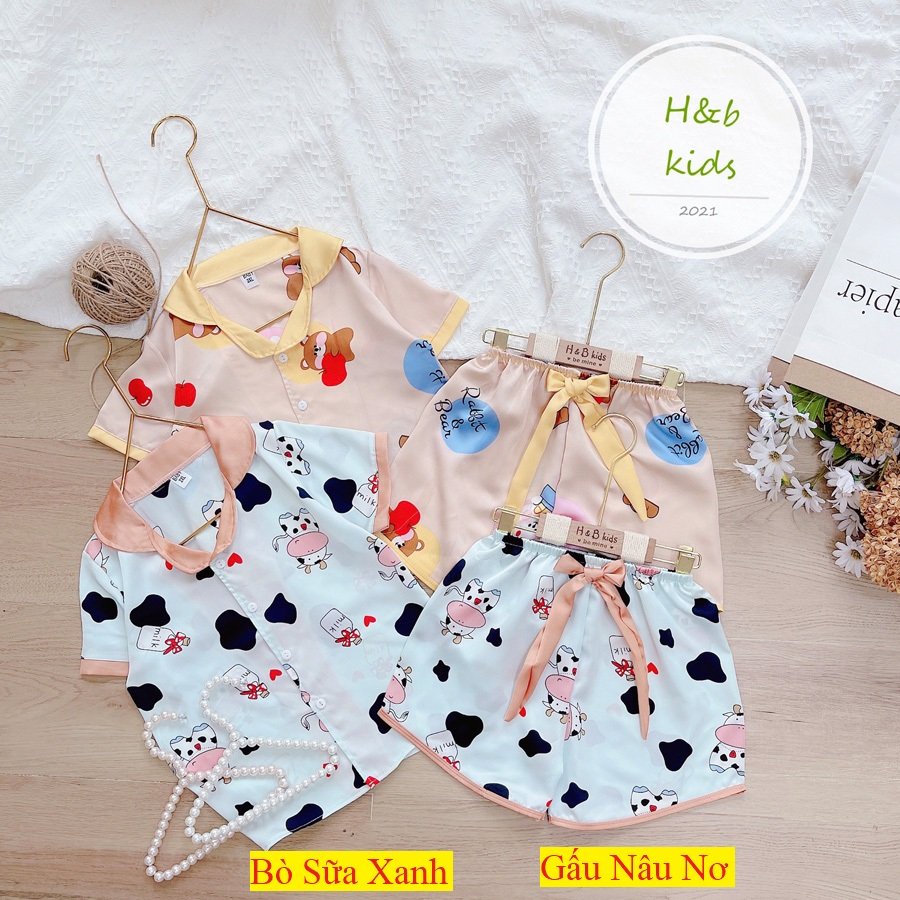 [16KG-35KG] Bộ Mặc Nhà Pijama Lụa Phối Nơ Cao Cấp Tay Cộc Cho Bé Gái - Chất Liệu Lụa mềm Mịn Thoáng Mát