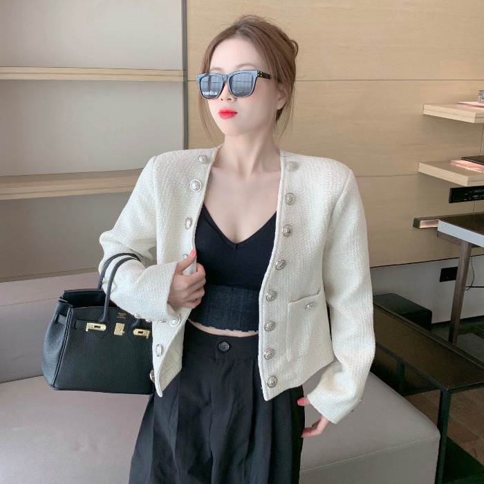(NL41) ÁO KHOÁC TWEED TRẮNG ĐÍNH NÚT FULL VIỀN