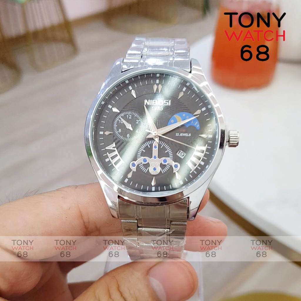 Đồng hồ nam Nibosi dây bạc mặt đen 3 kim chống nước chính hãng Tony Watch 68