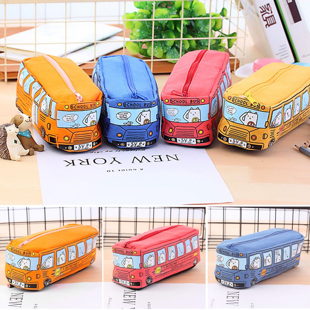Túi Đựng Bút Bằng Vải Canvas In Hình Xe Buýt Hoạt Hình Nhiều Màu Sức Chứa Lớn Tiện Dụng Cho Học Sinh