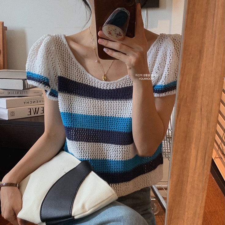 【ZHELIHANGFEI】Áo Thun Dệt Kim Tay Ngắn Dáng Rộng Kẻ Sọc Màu Sắc Tương Phản Độc Đáo