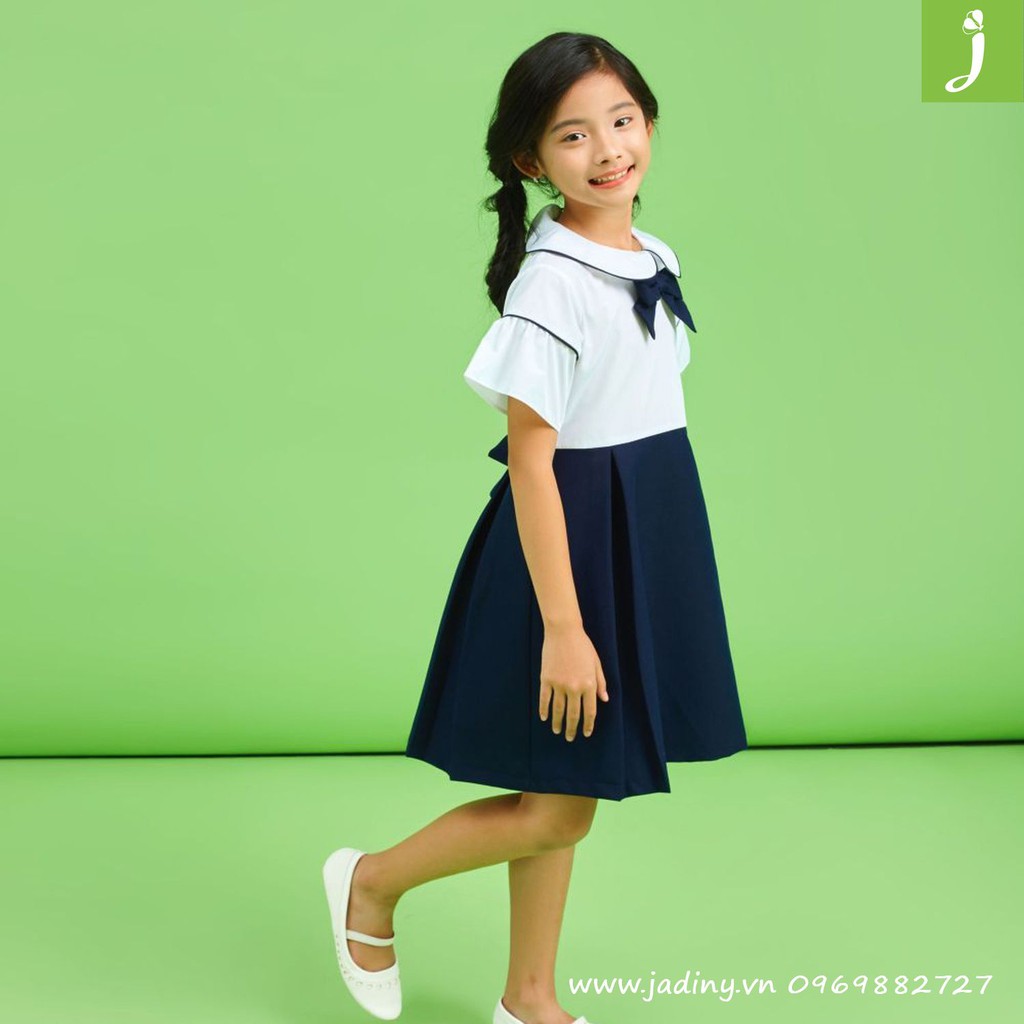 Đầm học sinh tay xòe viền trắng xanh đen, đồng phục học sinh cấp 1 nữ, lớp 1, chất liệu cotton nhật giá tốt 18-65kg