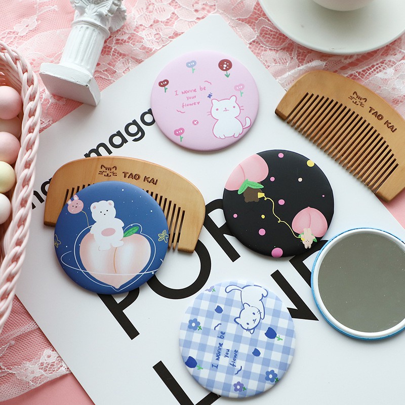 Set lược gỗ + gương mini cầm tay Hàn Quốc dễ thương