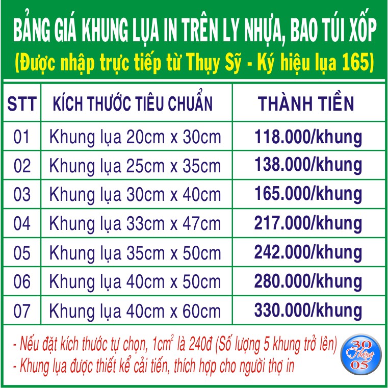KHUNG LỤA IN TRÊN LY NHỰA, BAO BÌ, TÚI XỐP