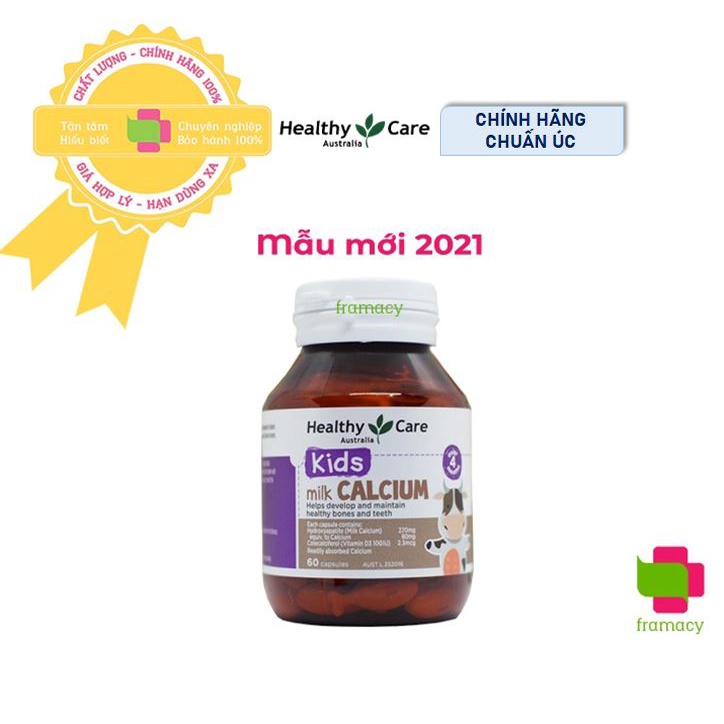 Viên uống canxi sữa Healthy Care Milk Calcium, Úc  trị biếng ăn, còi xương chậm mọc răng cho bé từ 4 tháng tuổi
