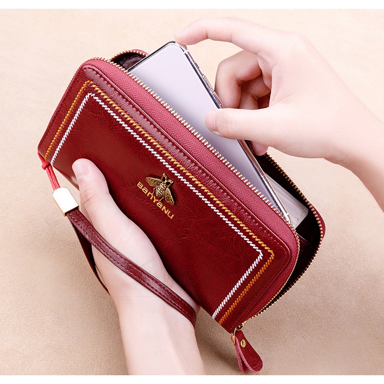 Ví Cầm Tay Nữ Dài Clutch Thời Trang Da Thật Cao Cấp Mềm Đẹp Đính Ong Vàng Dễ Thương Vừa Điện Thoại Iphone 11 Pro Max