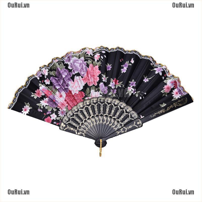 Quạt Vải Lụa Cầm Tay In Hoa Xinh Xắn Gấp Gọn Tiện Dụng