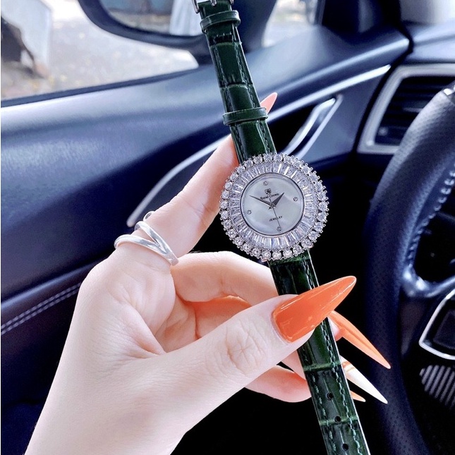 Đồng hồ nữ dây da, đồng hồ nữ chính hãng ROYAL CROWN đính kim cương nhân tạo Swarovski siêu cao cấp dây xanh lá cực đẹp