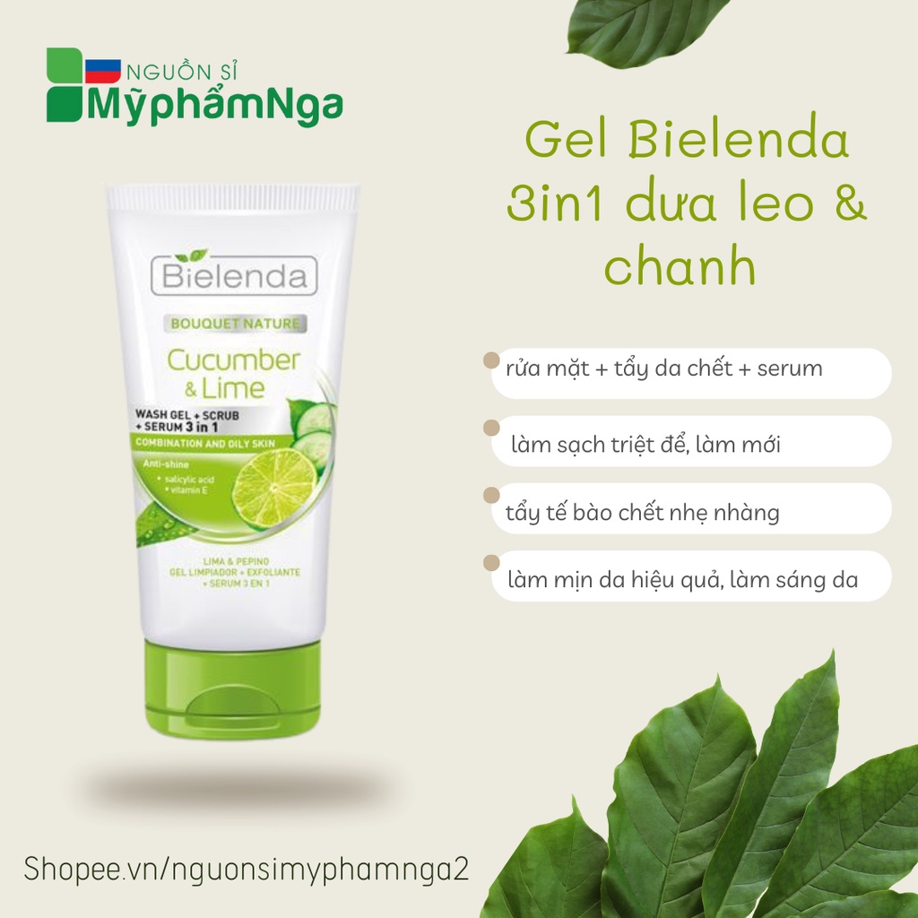 Gel Bielenda 3in1 dưa leo &amp; chanh (rửa mặt + tẩy da chết + serum) sạch sáng mịn da