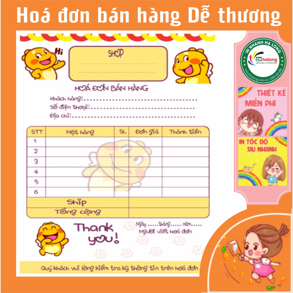 Combo 100 tờ hóa đơn bán hàng in màu dể thương 1 liên