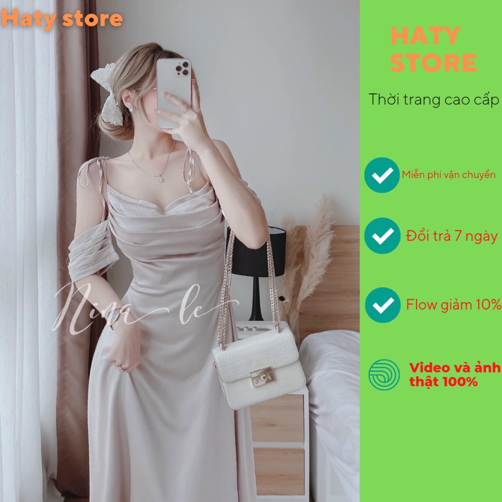 đầm váy dự tiệc hai dây trễ vai xếp ly ngực DX24, chất phi lụa có mus mềm min mát da thời trang nữ cao cấp HATY SOP