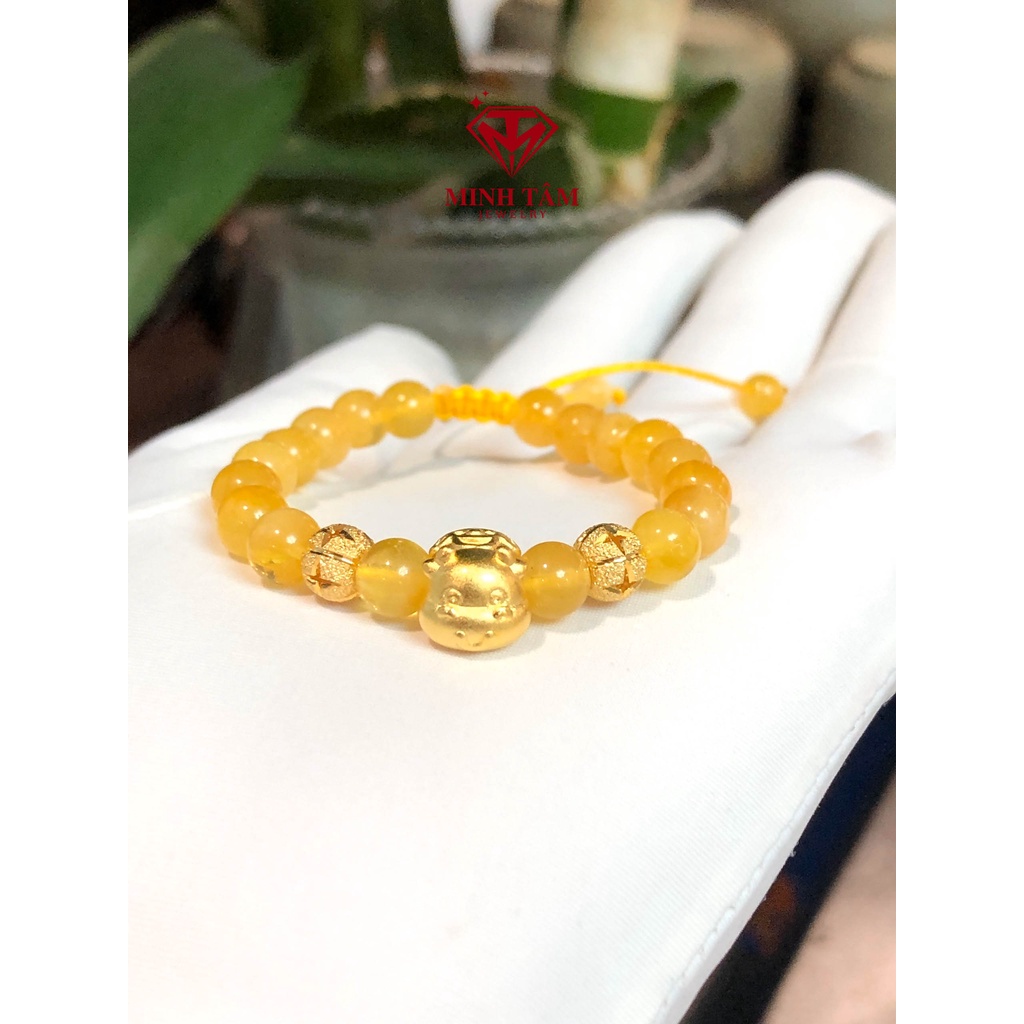 Vòng tay hổ #phách vàng bơ mix con giáp Trâu bạc xi vàng cho bé-Minh Tâm Jewelry