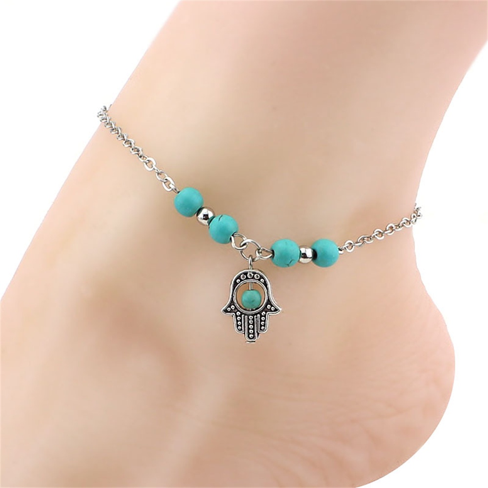 Lắc Chân Mặt Hình Bàn Tay Fatima/Cá Heo Đính Đá Ngọc Lam Phong Cách Bohemian Đi Biển Cho Nữ