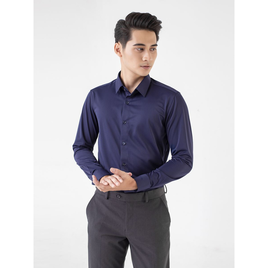 Áo Sơ Mi Nam Dài Tay ARISTINO ALS12009 Somi Công Sở Cao Cấp Màu Xanh Navy Kẻ Sọc Chìm Vải Sợi Knit Dáng Ôm Không Túi | BigBuy360 - bigbuy360.vn