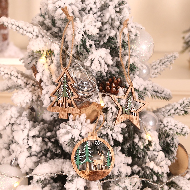 Set 6 phụ kiện treo trang trí cây thông noel bằng gỗ