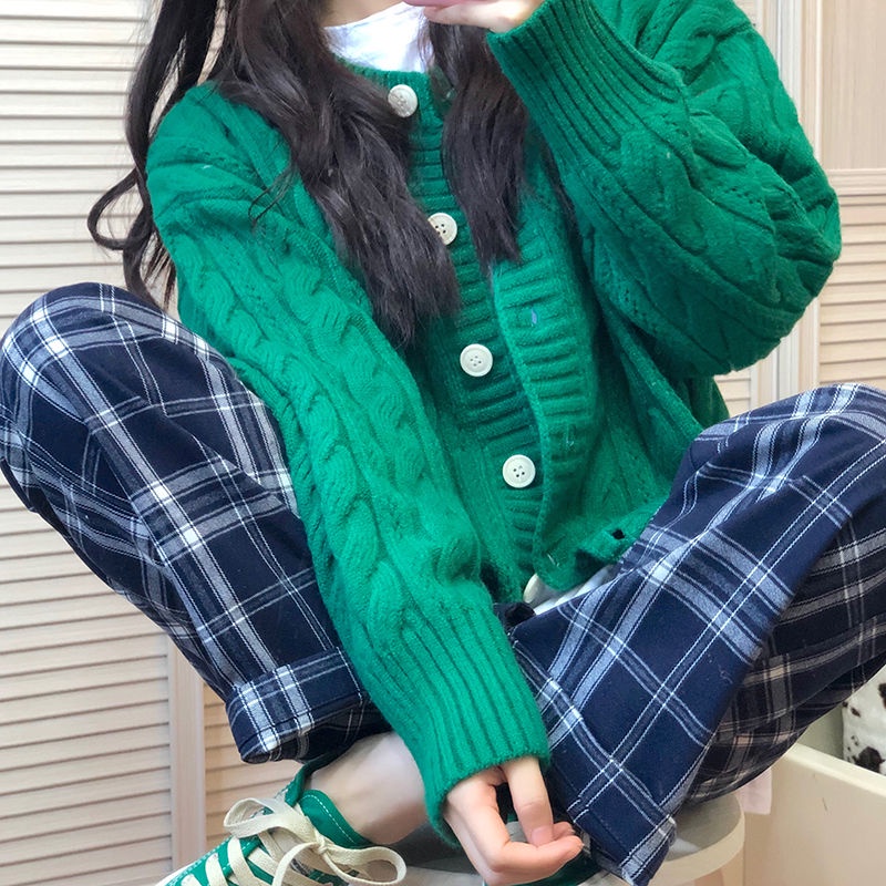 Áo Cardigan Dệt Kim Tay Dài Dáng Rộng Màu Xanh Lá Thiết Kế Mới Thời Trang Dành Cho Nữ