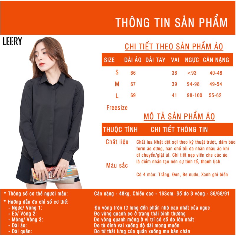 Áo sơ mi công sở nữ dài tay đẹp kiểu Hàn Quốc form rộng chất lụa cao cấp màu Trắng Đen Xanh Be LEERY SM-01