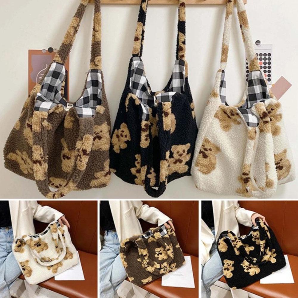 1 Túi Tote Đeo Vai / Xách Tay Bằng Vải Lông Cừu Hai Mặt 3 Màu Dễ Thương