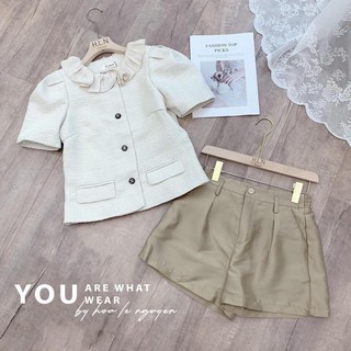 Áo dạ mỏng ngắn tay phối cổ bèo