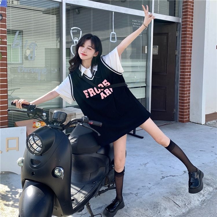 Áo COZOKC tay ngắn dáng rộng giả hai lớp thời trang