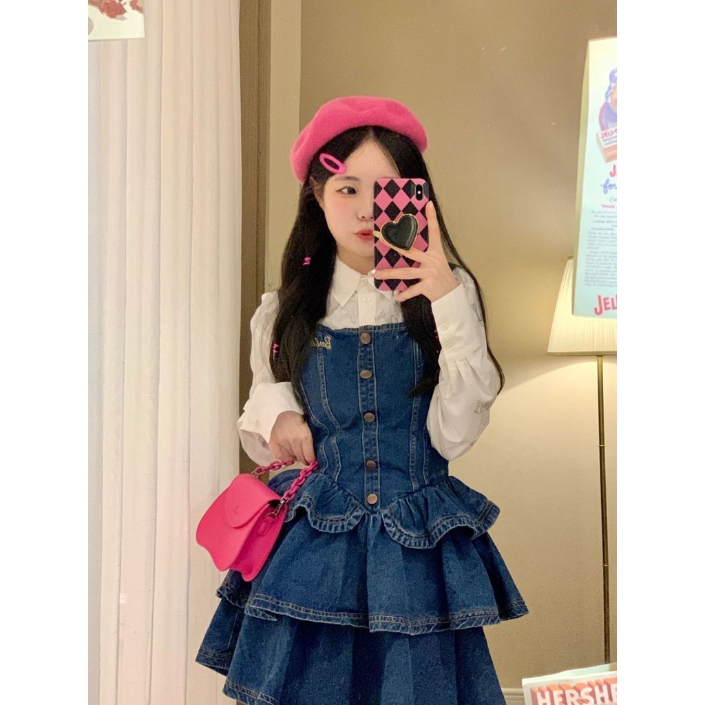 Đầm Denim Thời Trang Hàn Quốc Ngọt Ngào Phong Cách Retro Phương Tây Cho Nữ