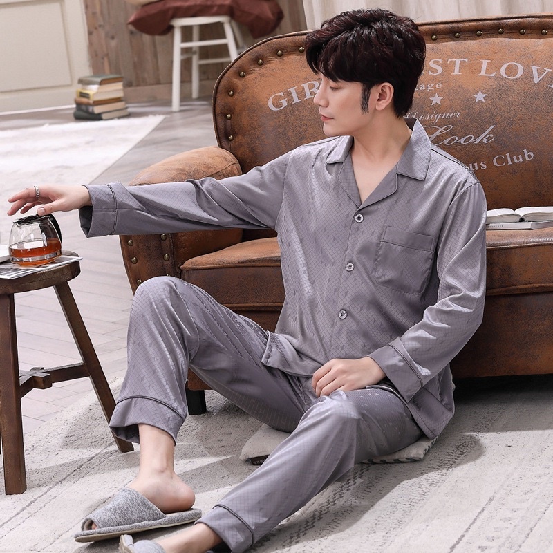 Bộ đồ ngủ pyjama nam dài tay vải lụa satin mềm mại, thoáng mát NG8754D - Thời Trang Dương
