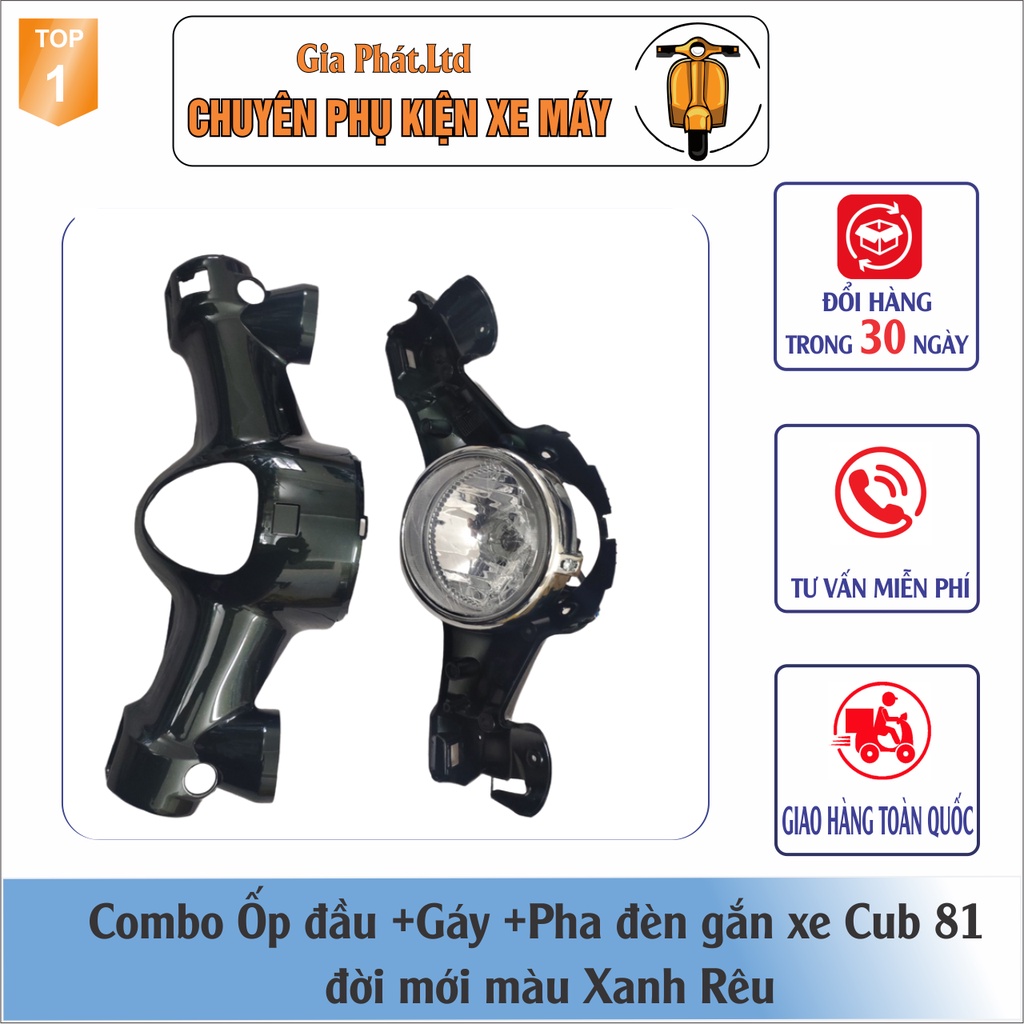 Combo Ốp đầu màu XANH RÊU gắn xe Cub 81 đời mới đầy đủ ốp đầu trước,gáy sau và pha đèn kèm bóng